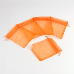 Orange Organza Gift Bags, with Drawstring, Rectangle, Orange, 12x10cm