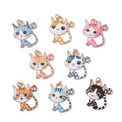 (52) Непрозрачная лаванда Подвески из эмали и сплава, с открытыми пружинными кольцами из нержавеющей стали 304, очарование в форме кошки, золотые, разноцветные, 25x21.5x1.5 мм, отверстие : 3.5 мм, 8 шт / комплект