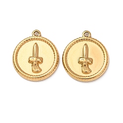 Real 18K Gold Plated 304 Stainless Steel Pendants, Flat Round with Sword Charms, Ion Plating(IP), Real 18K Gold Plated, 17.5x15.5x2.5mm, Hole: 1.2mm