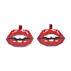 Red Handmade Seed Beads Pendants, with Elastic Thread, Loom Pattern, Lip, Red, 32~33x40x1.5mm, Hole: 4mm