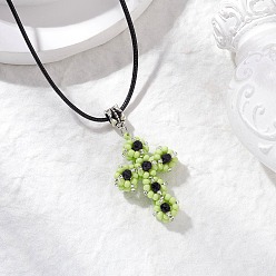 Зелено-Желтый Ожерелья с подвесками в виде креста из стеклянных бусин и синтетического синего золота, ожерелья из черного вощеного хлопкового шнура для женщин, зеленый желтый, 17.60 дюйм (44.7 см)