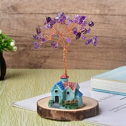 Аметист Натуральные аметистовые чипсы дерево жизни украшения, с домом из смолы, деревянные подвалы с медной проволокой фэн-шуй энергетический камень подарок для женщин мужчин медитация, 60x100 мм