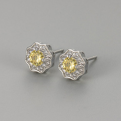 Светло-желтый Серьги-гвоздики из латуни с прозрачными кубическими циркониями ко Дню святого Валентина, цветок, платина, светло-желтый, 8x8 мм