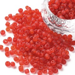 Red Glass Seed Beads, Frosted Colors, Round, Red, 4mm, Hole: 1~1.5mm, about 4500pcs/pound