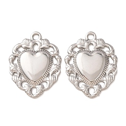 Stainless Steel Color 304 Stainless Steel Pendants, Heart with Floral Frame Charms, Stainless Steel Color, 34x26x3mm, Hole: 3mm