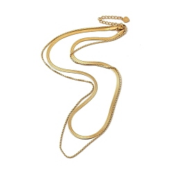 Golden Ion Plating(IP) 304 Stainless Steel Box & Herringbone Chains Double Layer Necklace for Men Women, Golden, 15.98 inch(40.6cm)