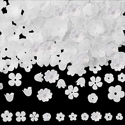 Blanc 600 pcs 10 styles capuchons de perles en acrylique, fleur, blanc, 8~17x6~18x2.5~10.5mm, Trou: 1.2~2mm, 60 pcs / style
