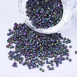 Colorful Electroplate Glass Cylinder Beads, Seed Beads, Frosted, Metallic Colours, Iris, Round Hole, Colorful, 1.5~2x1~2mm, Hole: 0.8mm, about 8000pcs/bag, about 85~95g/bag