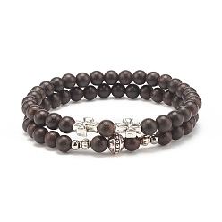 Black Wood Beaded Stretch Bracelet Sets, Cross Alloy Stackable Bracelets for Women or Men, Black, Inner Diameter: 2-1/4 inch(5.6cm), 2pcs/set