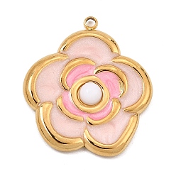 Agate Naturelle Pendentifs naturelles en agate blanche, 304 Breloques en acier inoxydable émaillé rose en forme de fleur, or, 24x21x3.5mm, Trou: 1.4mm