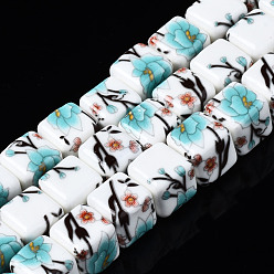 Dark Turquoise Handmade Porcelain Ceramic Beads Strands, Flower Printed, Cube, Dark Turquoise, 9x9x9mm, Hole: 2.5mm, about 36pcs/strand, 12.4 inches(31.5cm)