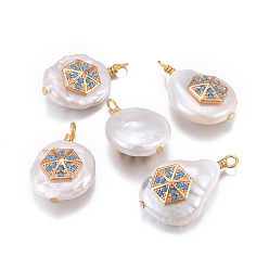 Темно-Голубой Подвески из натурального пресноводного жемчуга, с латунными микро проложить кубических выводы циркония, самородки с шестигранником, золотые, глубокое синее небо, 17~26x11~16x5~11 мм, отверстие : 1.6~2 мм