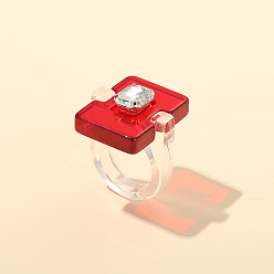 Красный Кольца из смолы и страз для женщин, прямоугольные, красные, внутренний диаметр: 18 мм