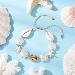 Античный Белый Браслеты из бисера из натуральных смешанных ракушек каури, раковина и морская звезда, с гальваническим покрытием из ракушки, синтетической бирюзы и бусинами из АБС-пластика, имитирующими жемчуг, старинный белый, 5/8 дюйм (1.6 см), внутренний диаметр: 1-3/4 дюйм (4.6 см) ~ 3-3/4 дюйм (9.5 см)