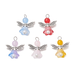 (52) Непрозрачная лаванда Подвески из перламутровых стеклянных бусин, ангел и цветок, с бусиной из натурального и окрашенного малайзийского нефрита, с крыльями из сплава и медной проволокой, разноцветные, 23x20x10 мм, отверстие : 3 мм