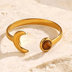Золотой 304 открытые манжеты-кольца из нержавеющей стали с окрашенным тигровым глазом для женщин, луна, золотые, 8 мм, внутренний диаметр: 18 мм