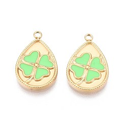 Средний Весенно-Зеленый 304 подвески из нержавеющей стали, с эмалью, слезинка с подвеской в виде клевера, реальный 18 k позолоченный, ионное покрытие (ip), средний весенний зеленый, 18x12x2 мм, отверстие : 1.5 мм