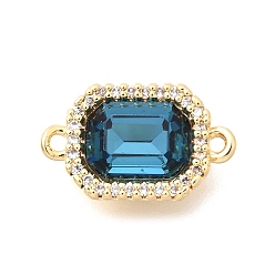 Морской Синий Подвески-коннекторы из латуни с микропаве из прозрачного кубического циркония и стекла, прямоугольник ссылки, реальный 18 k позолоченный, Marine Blue, 15x9x5 мм, отверстие : 1.2 мм.