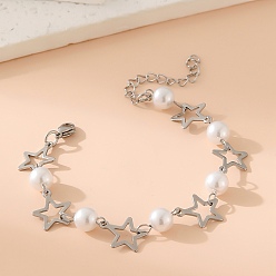 Звезда Из нержавеющей стали браслеты из бисера, с пластиковыми бусинами из искусственного жемчуга, звезда, 6-3/4 дюйм (17 см)