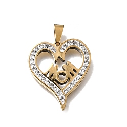 Chapado en Oro Real 18K Colgantes de acero inoxidable para el día de la madre 201, con esmalte blanco y diamantes de imitación de cristal, encantos de corazón con palabra mamá, real 18 k chapado en oro, 26x22x2 mm, agujero: 6x3.2 mm