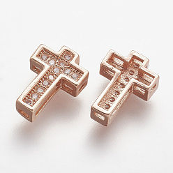 Rose Gold Brass Micro Pave Cubic Zirconia Beads, Cross, Clear, Rose Gold, 10.5x7.5x3mm, Hole: 1mm
