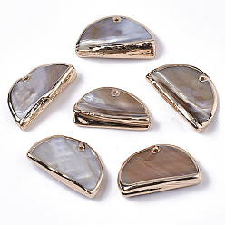 Golden Natural Freshwater Shell Pendants, Edge Golden Plated, Half Round, Golden, 17~20x29~31x7~10mm, Hole: 1.2mm
