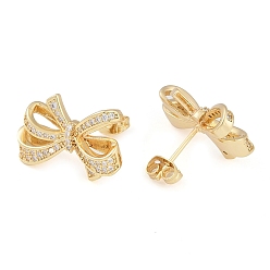 Real 18K Gold Plated Brass Pave Clear Cubic Zirconia Stud Earrings for Women, Bowknot, Real 18K Gold Plated, 15x21mm