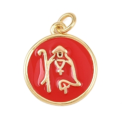 Красный Латунь эмаль подвески, с целью перехода в кольце, плоский круглый с религиозными амулетами, без свинца и без кадмия, долговечный, реальный 18 k позолоченный, стойки покрытие, красные, 16.5x14x1.5 мм, отверстие : 2.5 мм