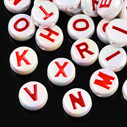 FireBrick UV Plating Enamel Acrylic Beads, Iridescent, Mixed Letter, Flat Round, FireBrick, 15x7mm, Hole: 2.2mm
