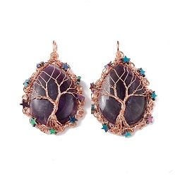 Amethyst Natural Amethyst Big Pendants, Teardrop Charms, with Rack Plating Rose Gold Plated Copper Wire Tree and Non-magnetic Hematite Star Beads, Cadmium Free & Lead Free, 63~65x39~43x9~11mm, Hole: 6~6.5x4.5~5mm