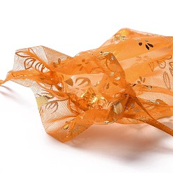 Orange Organza Drawstring Jewelry Pouches, Wedding Party Gift Bags, Rectangle with Gold Stamping Flower Pattern, Orange, 15x10x0.11cm