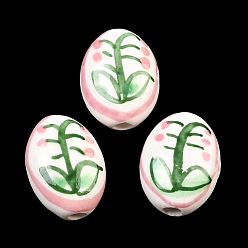 Pink Фарфоровые бусины ручной работы, овальный и цветок, ручная роспись, пастельный фарфор, розовые, 15.5x12x8 мм, отверстие : 2 мм