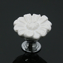 White Ceramic Drawer Knob, with Alloy Findings and Screws, Cabinet Pulls Handles for Drawer, Doorknob Accessories, Flower, White, 33x28mm