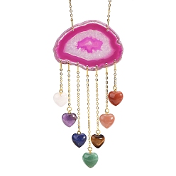 Темно-Розовый Подвески из кусочков натурального агата, с гексаграммой/сердцем из смешанных драгоценных камней, темно-розовыми, 210 мм