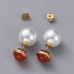 Carnelian Natural Red Agate/Carnelian Ball Stud Earrings, with Acrylic Pearl Ear Nuts, Golden Plated 304 Stainless Steel Stud Earring Findings and Ear Nuts, 10~10.5mm, Pin: 0.6mm