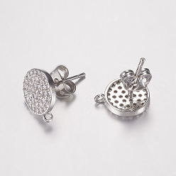 Platinum Brass Micro Pave Cubic Zirconia Stud Earring Findings, with Loop, Cadmium Free & Lead Free, Flat Round, Platinum, 12x10x2mm, Hole: 1mm, Pin: 0.8mm