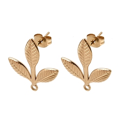 Real 18K Gold Plated 304 Stainless Steel Stud Earring Findings, Leaf, with Loop, Ion Plating(IP), Real 18K Gold Plated, 20.5x19mm, Hole: 1.5mm, Pin: 0.7x11mm