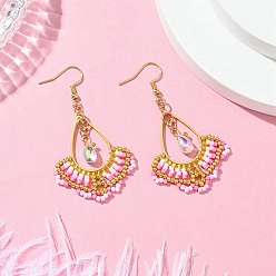 Бледно-Розовый Стеклянные бусины ручной работы и стеклянные подвесные серьги, с 304 нержавеющей стали серьги крючки, цветок-слеза, золотые, розовый жемчуг, 61x34.5 мм