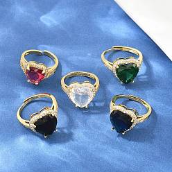 Mixed Color Heart Brass Micro Pave Cubic Zirconia Cuff Open Rings for Women, with Glass, Cadmium Free & Lead Free, Rack Plating, Real 18K Gold Plated, Mixed Color, 18mm