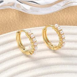 Настоящее золото 18K Латунные серьги обруча, с абс пластмассовой имитационной жемчужиной, без никеля , реальный 18 k позолоченный, 14x15.5x3.5 мм