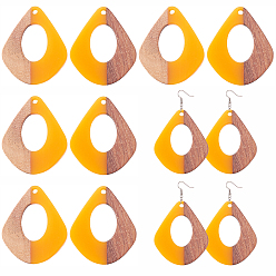 Gold Resin & Wood Pendants, Teardrop, Gold, 32.5x27.5x2.5~4mm, Hole: 1.5mm, 12pcs/box