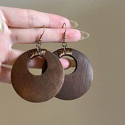 Flat Round Alloy & Wood Dangle Earrings for Women, Flat Round, 50mm