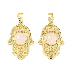 Розовый Кварц Природного розового кварца подвески, латунные полые хамса ручные амулеты, стойки покрытие, без кадмия и без свинца, золотые, 33x22x6.5 мм, отверстие : 7.5x5 мм