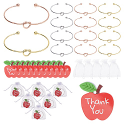 Mixed Color 24Pcs 3 Styles Knot Iron Torque Bangles & 24Pcs Apple Shaped Paper Thank You Gift Tags for Women & 24Pcs Rectangle Organza Drawstring Gift Bags, Mixed Color, Inner Diameter: 2-1/2x2 inch(6.5x5.15cm), 24pcs/style
