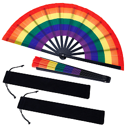 Разноцветный 2шт. складные веера из ПВХ и ткани с радужным рисунком, с 2шт. мешочками для хранения на завязках, красочный, 340x65x28 мм