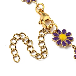 Blue Violet Enamel Daisy Link Chains Bracelet, Vacuum Plating 304 Stainless Steel Jewelry for Women, Golden, Blue Violet, 7-1/4 inch(18.4cm)