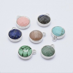 Silver Glaze & Faceted Natural & Synthetic Mixed Stone Charms, with Brass Finding, Flat Round, Silver Color Plated, 15x12x6mm, Hole: 1mm