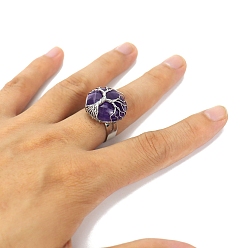 Amethyst Metal Wire Wrapped Natural Amethyst Open Cuff Rings, Flat Round with Tree of Life Ring for Men , Adjustable 