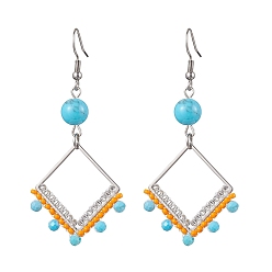 Stainless Steel Color 201 Stainless Steel Linking Ring Dangle Earring, Natural & Synthetic Gemstone and Glass Beads, Rhombus, Stainless Steel Color, 65x29mm