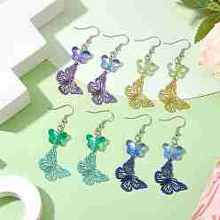 Mixed Color 430 Stainless Steel & Glass Dangle Earrings, Butterfly, Mixed Color, 61x22mm